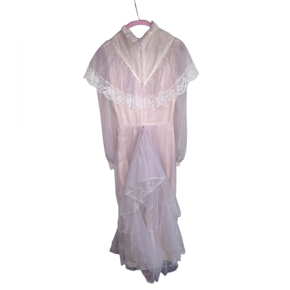 Vintage 70s Lace Prairie Maxi Dress Sheer Polka Dot Gunne Sax Style - Picture 3 of 15